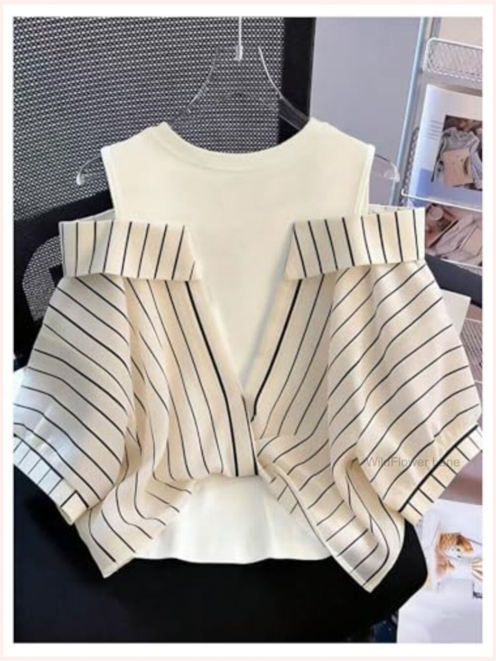Striped Cold Shoulder Blouse 2 in 1 Half Sleeve Dressy Top - Picture 2 of 5